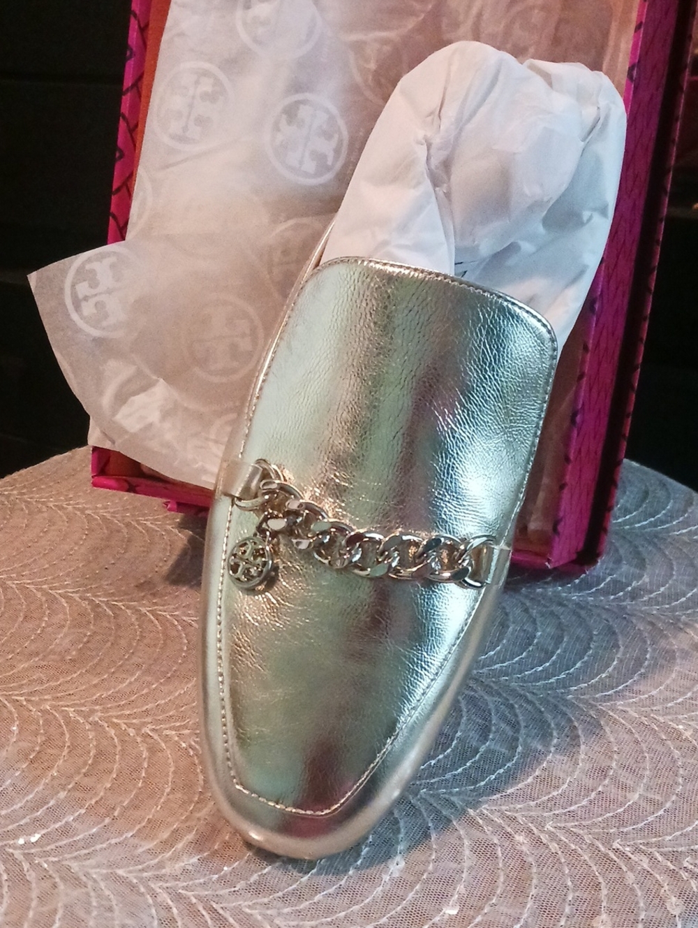 Tory Burch Metallic Gold Chain-Accent Slip-On Mule